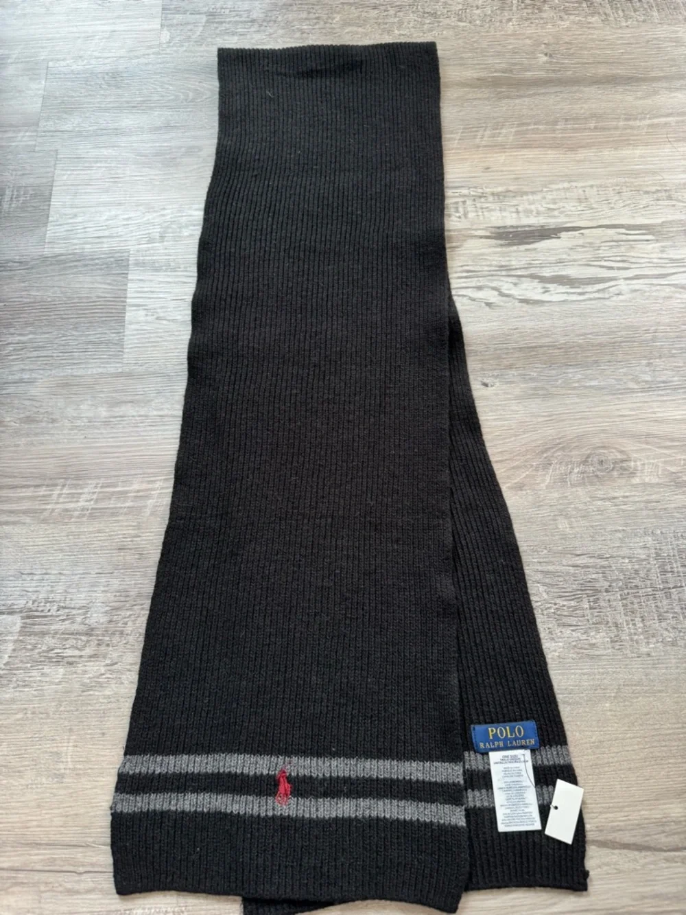 Polo Ralph Lauren Men's Scarf in Black and Gray Stripes. 35% Lambswool, 35%